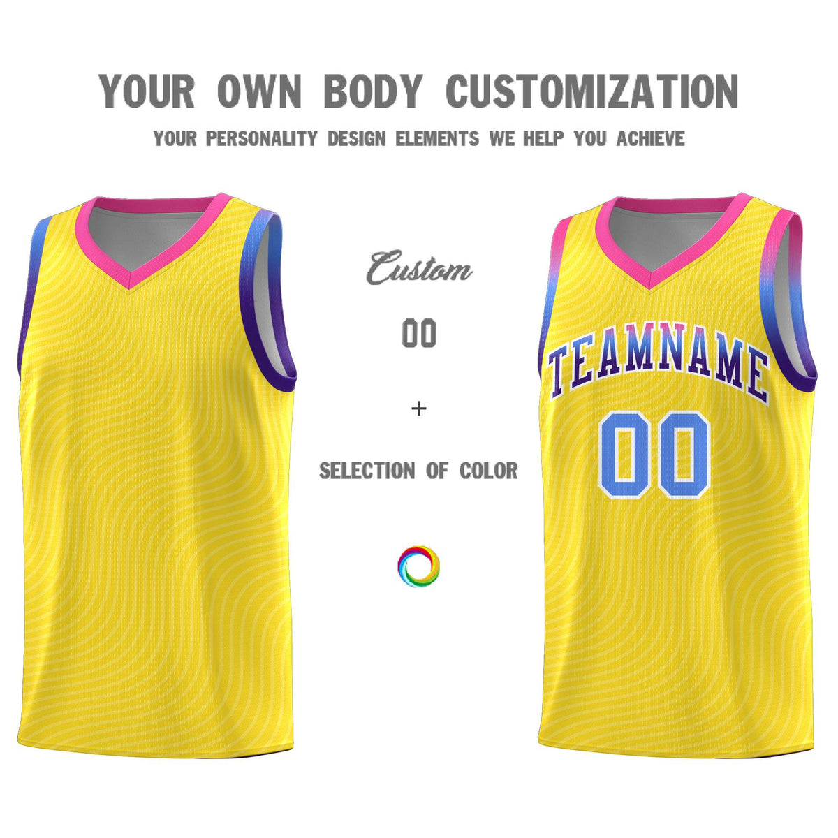 Custom Gold Pink Wave Pattern Sports Uniform Basketball Kits