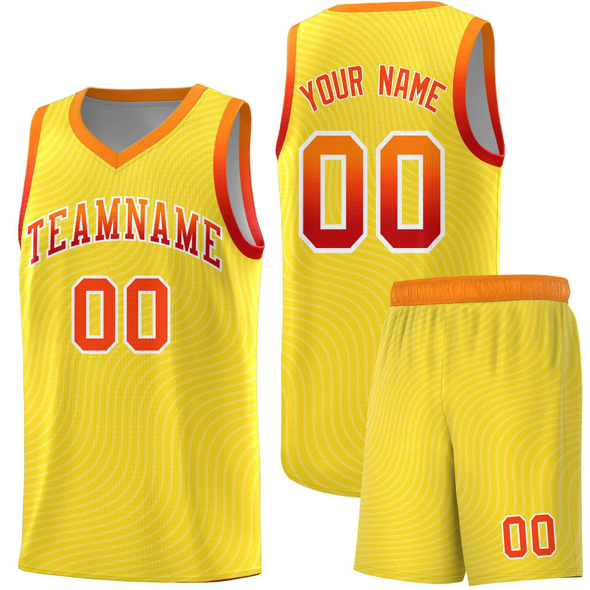 Custom Gold Orange Wave Pattern Sports Uniform Basketball Kits
