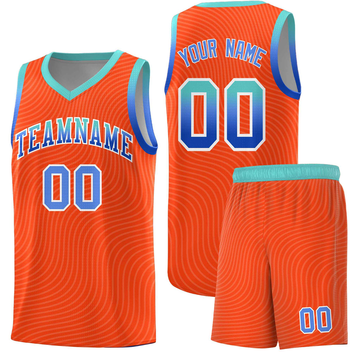 Custom Orange Bright Green Wave Pattern Sports Uniform Basketball Kits