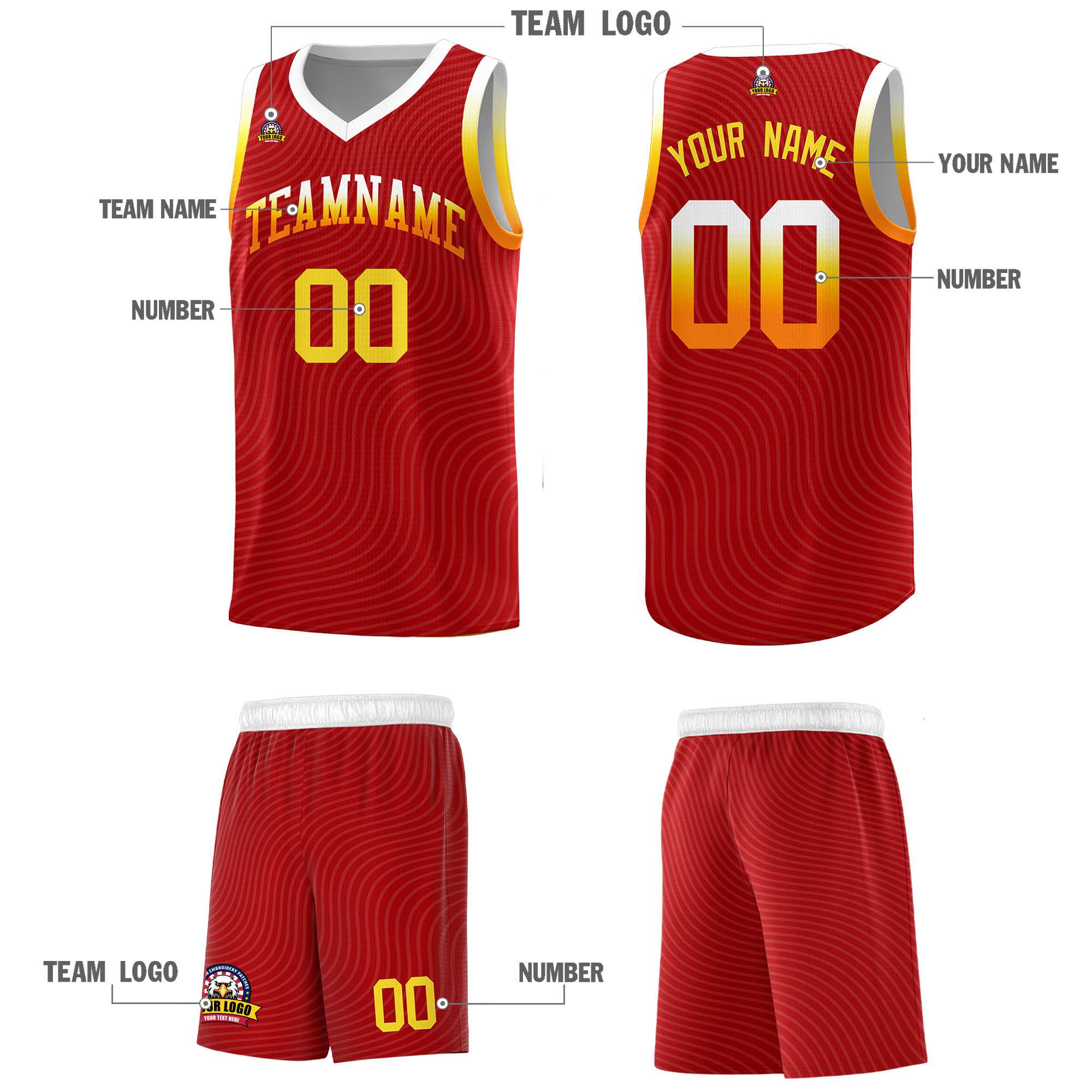 Custom Red White Wave Pattern Sports Uniform Basketball Kits