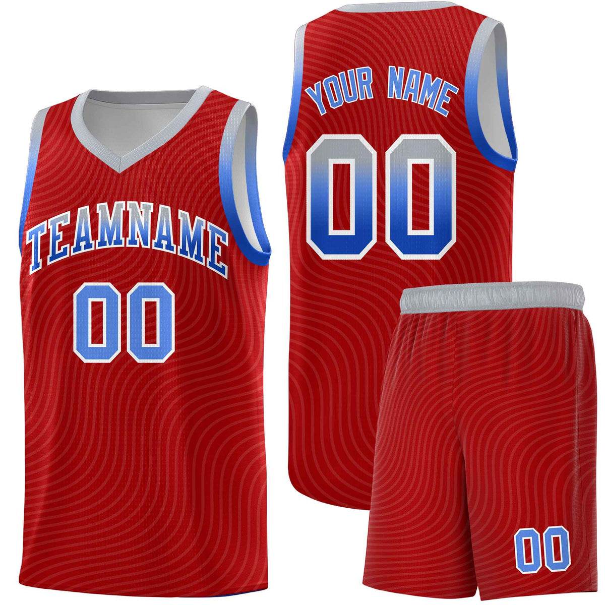 Custom Red Gray Wave Pattern Sports Uniform Basketball Kits