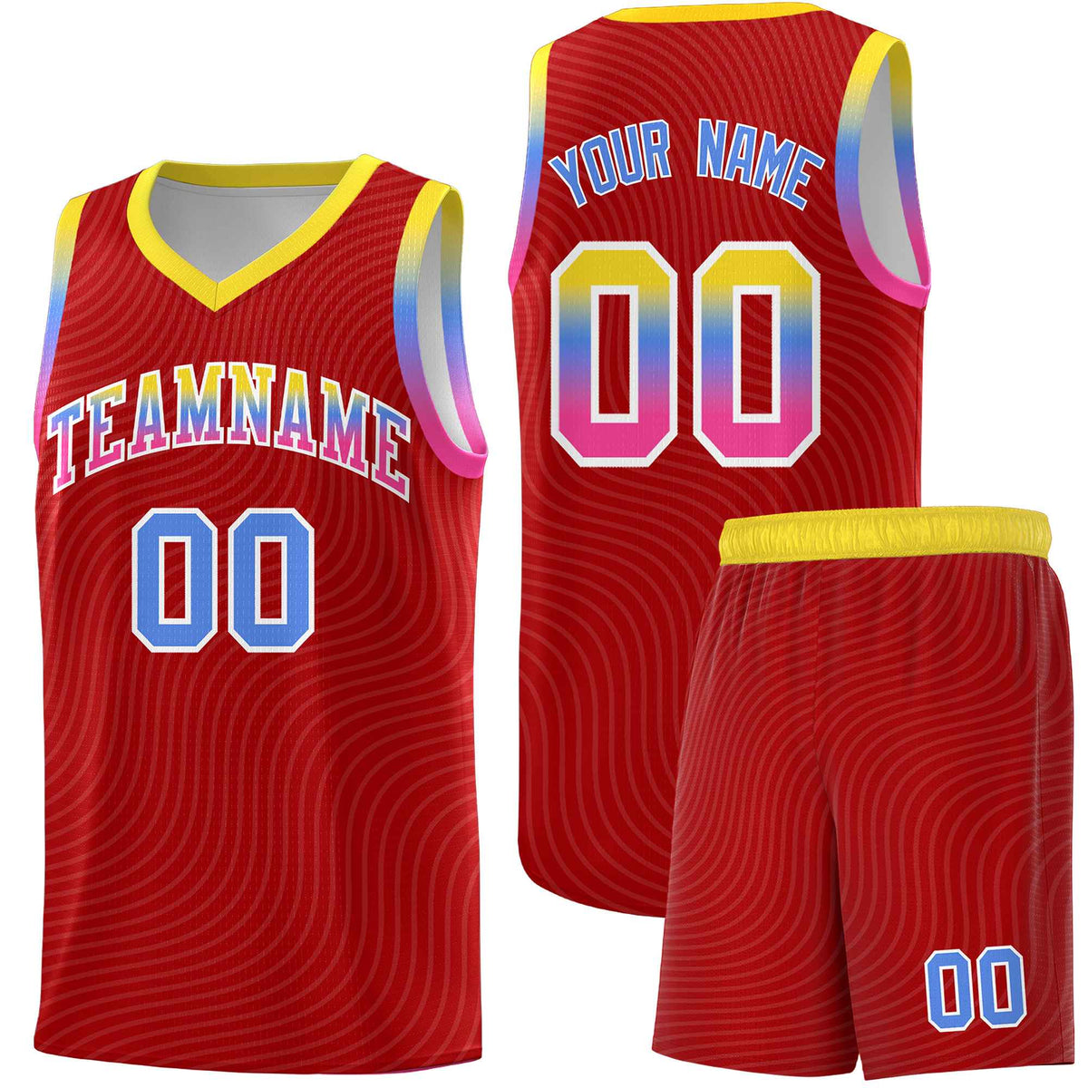 Custom Red Gold Wave Pattern Sports Uniform Basketball Kits
