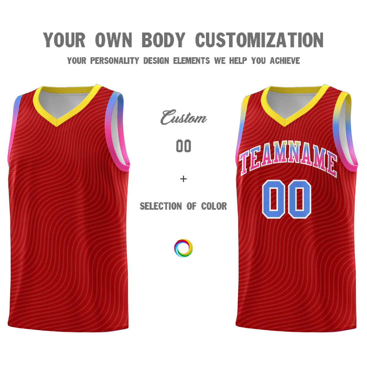 Custom Red Gold Wave Pattern Sports Uniform Basketball Kits