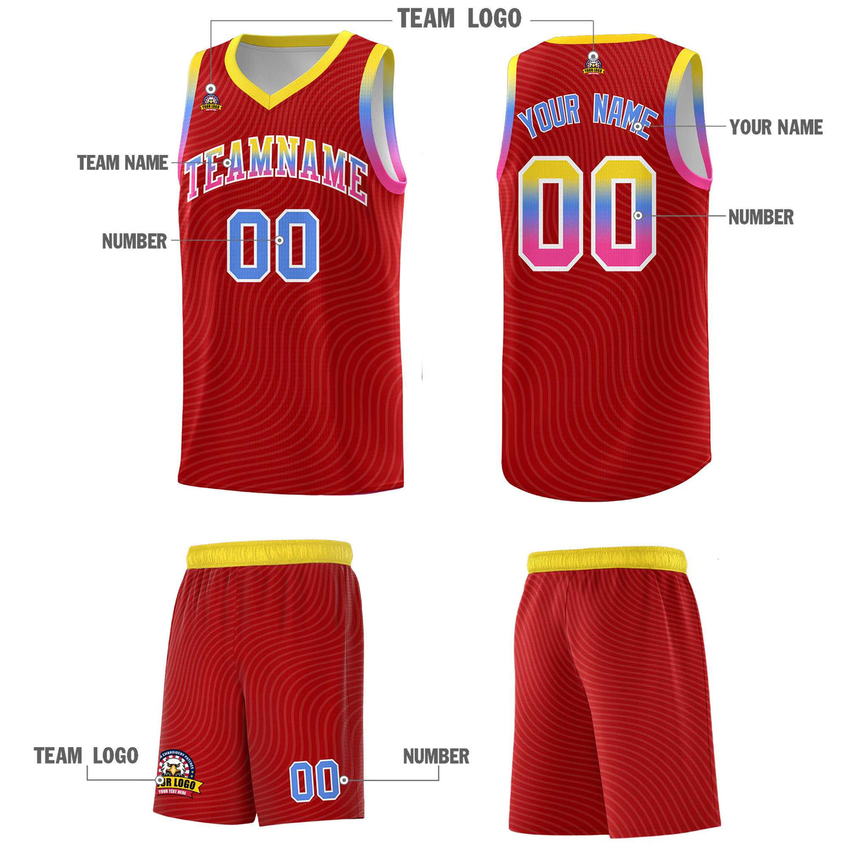 Custom Red Gold Wave Pattern Sports Uniform Basketball Kits