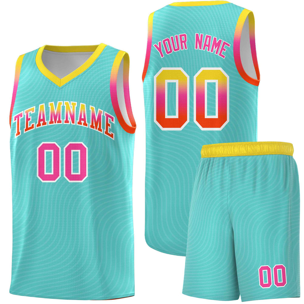 Custom Bright Green Gold Wave Pattern Sports Uniform Basketball Kits