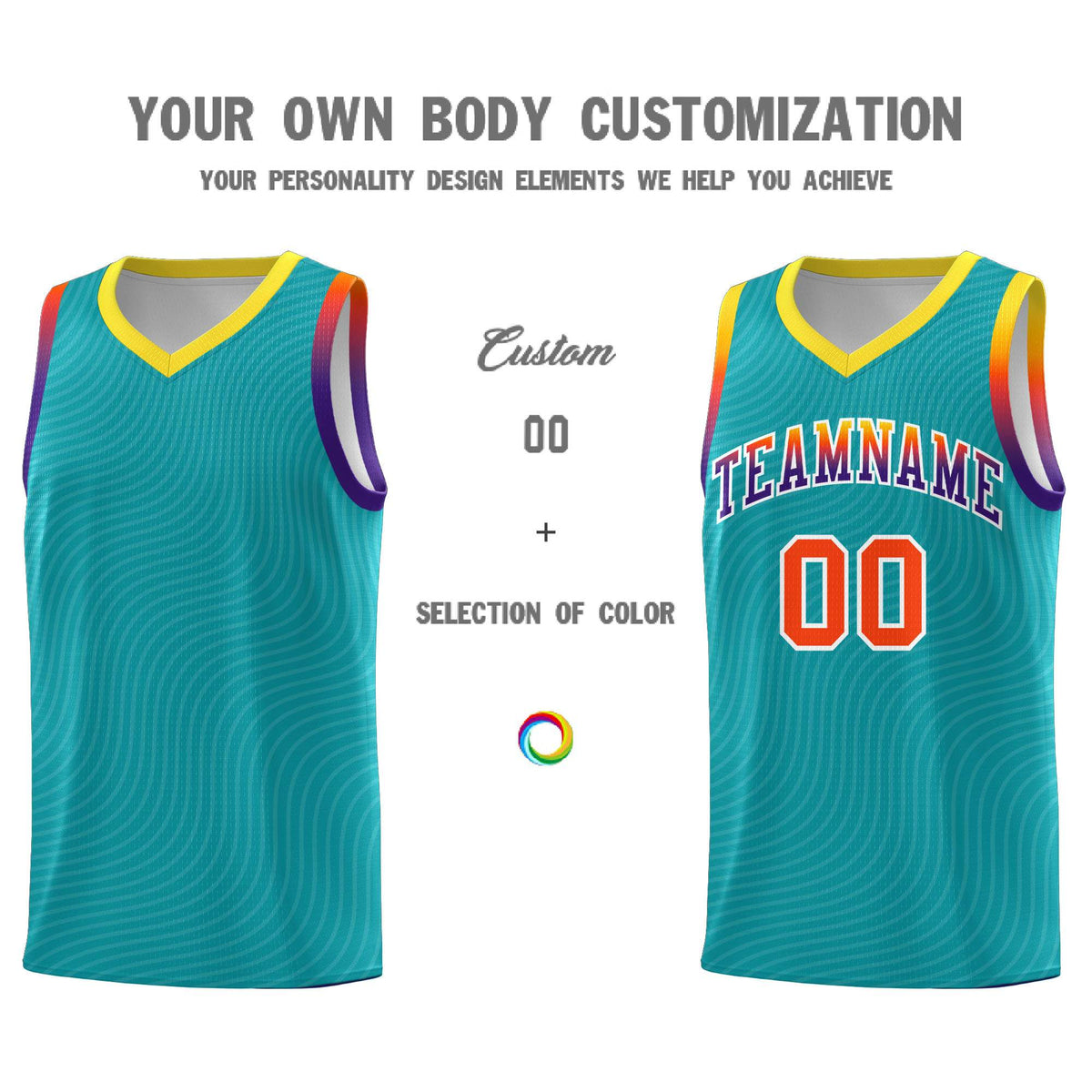 Custom Aqua Gold Wave Pattern Sports Uniform Basketball Kits