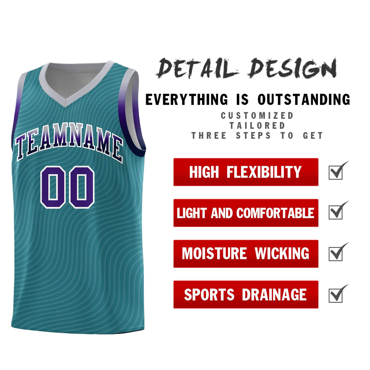 Custom Teal Gray Wave Pattern Sports Uniform Basketball Kits