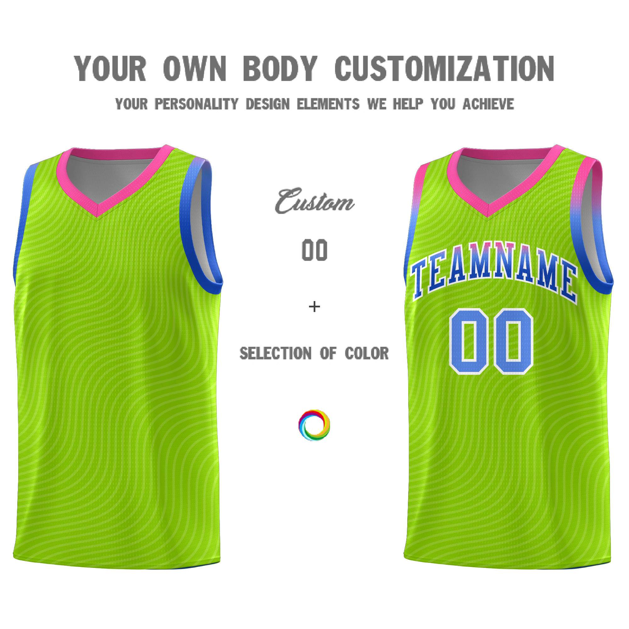 Custom Neon Green Pink Wave Pattern Sports Uniform Basketball Kits