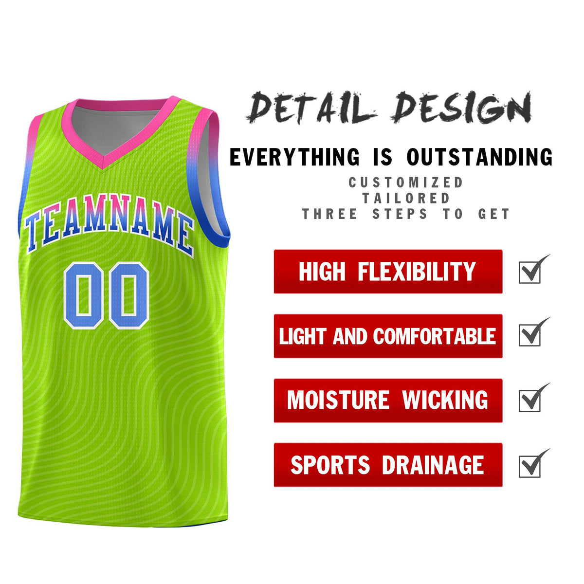 Custom Neon Green Pink Wave Pattern Sports Uniform Basketball Kits