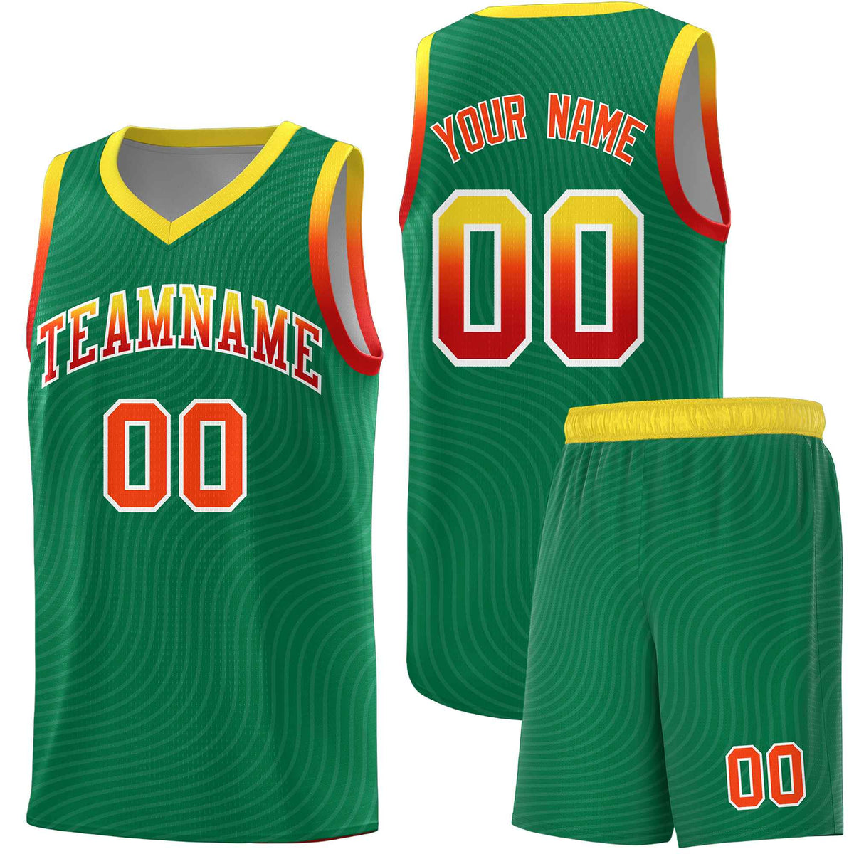 Custom Kelly Green Gold Wave Pattern Sports Uniform Basketball Kits