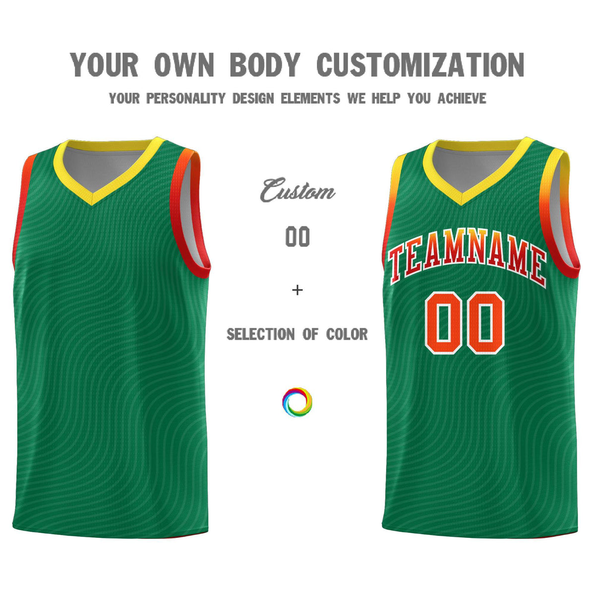 Custom Kelly Green Gold Wave Pattern Sports Uniform Basketball Kits
