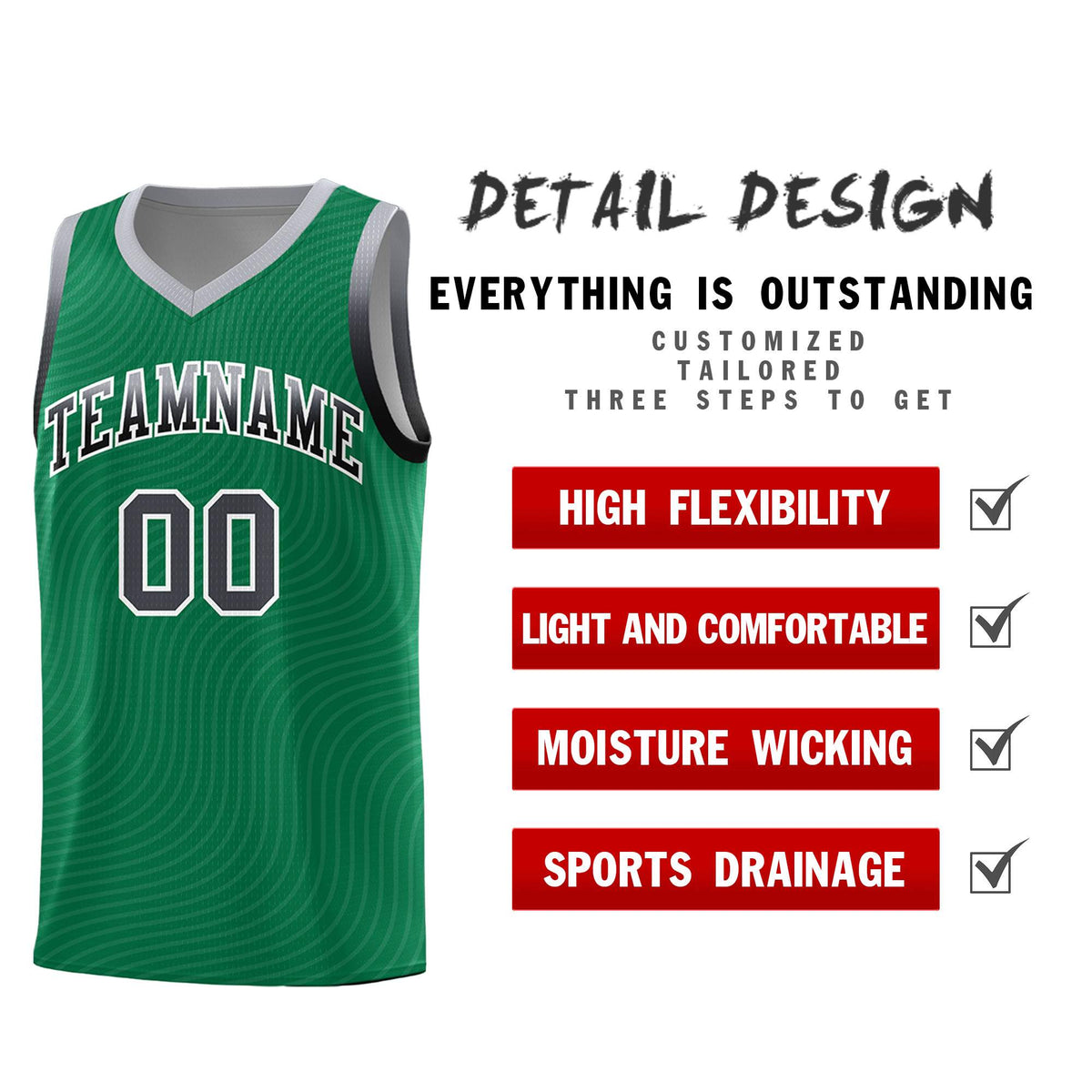 Custom Kelly Green Gray Wave Pattern Sports Uniform Basketball Kits
