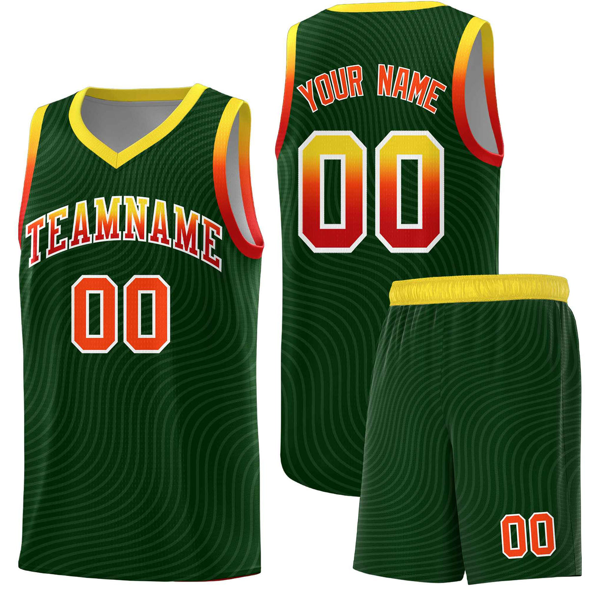 Custom Hunter Green Gold Wave Pattern Sports Uniform Basketball Kits