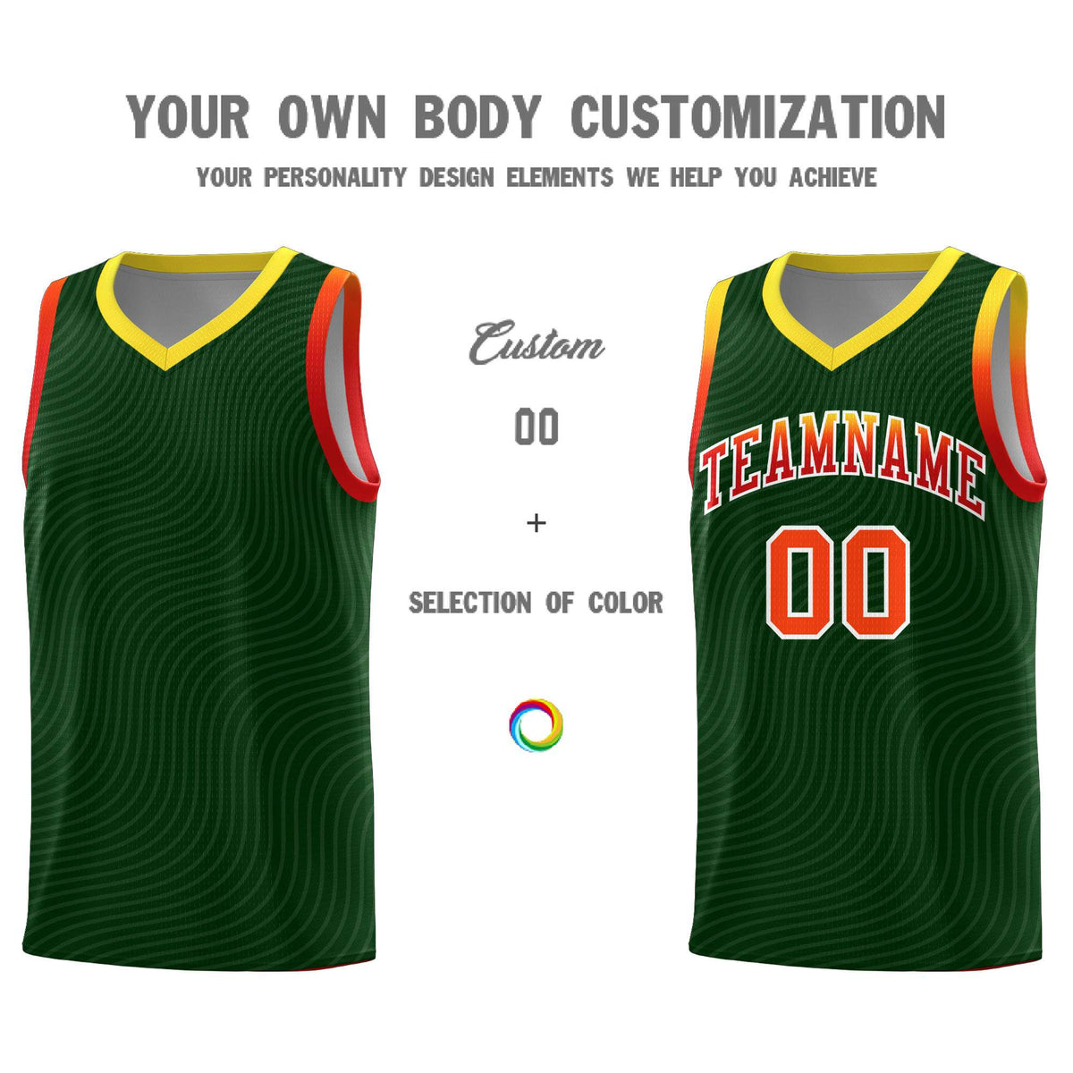 Custom Hunter Green Gold Wave Pattern Sports Uniform Basketball Kits