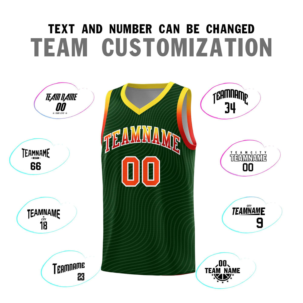 Custom Hunter Green Gold Wave Pattern Sports Uniform Basketball Kits