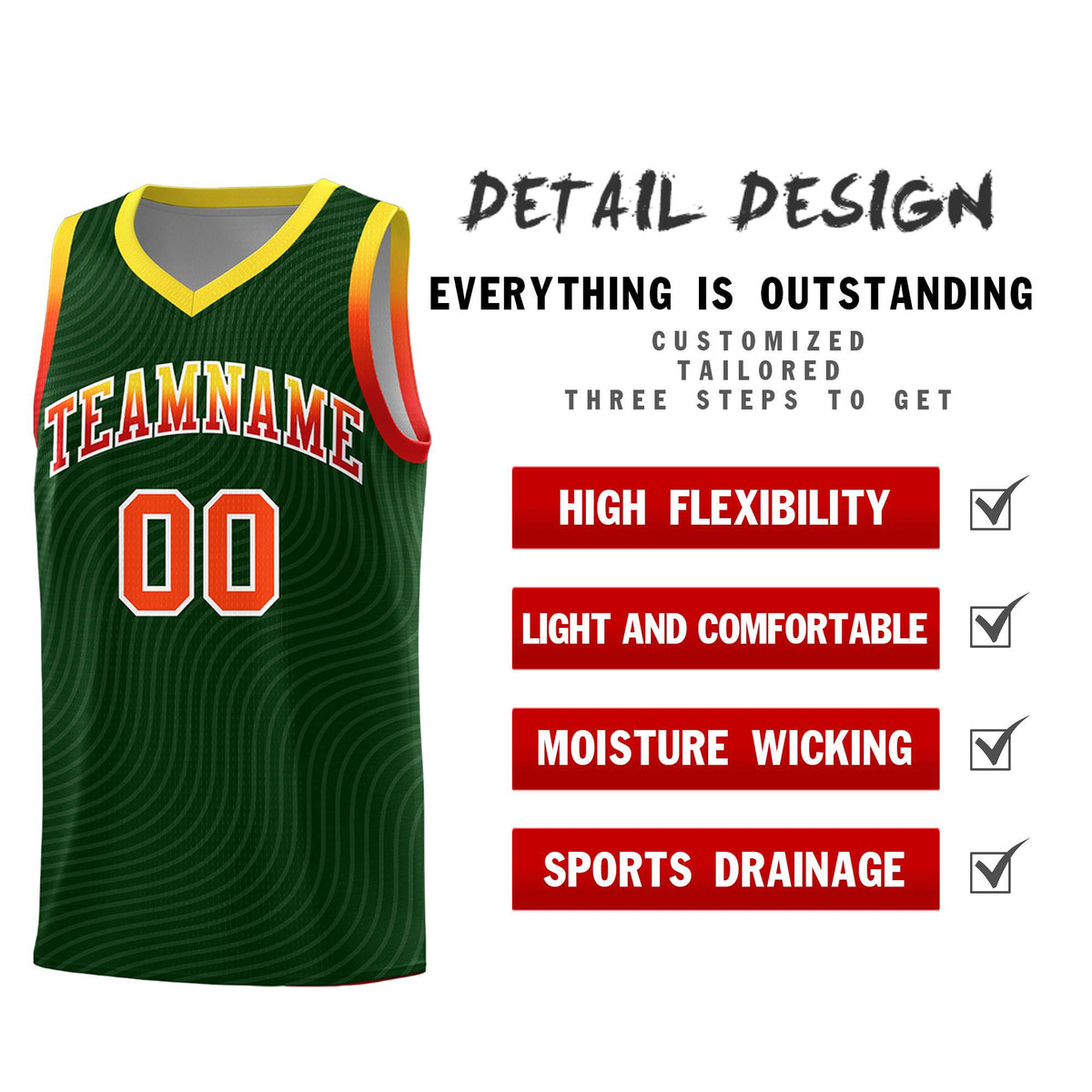 Custom Hunter Green Gold Wave Pattern Sports Uniform Basketball Kits