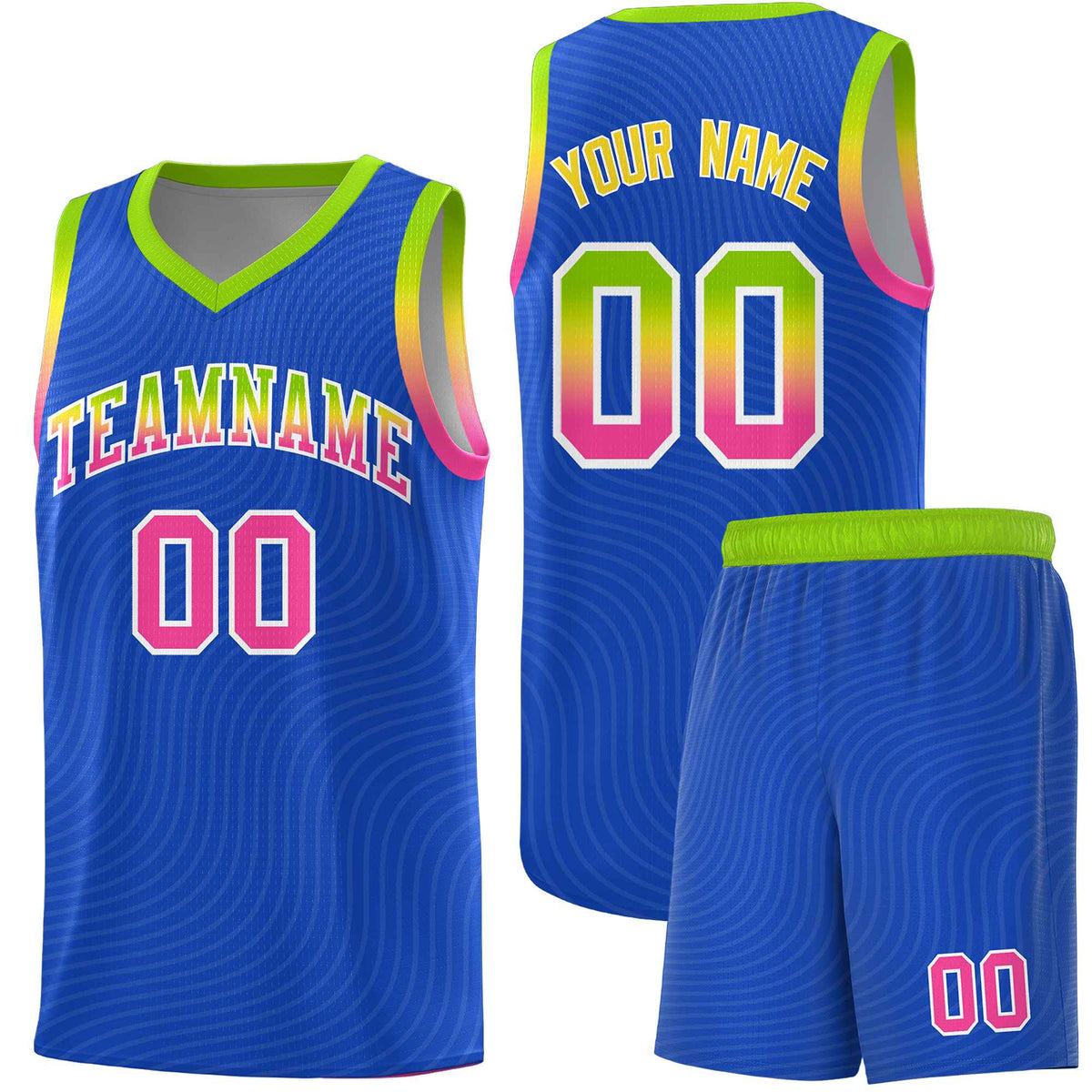 Custom Royal Blue Neon Green Wave Pattern Sports Uniform Basketball Kits