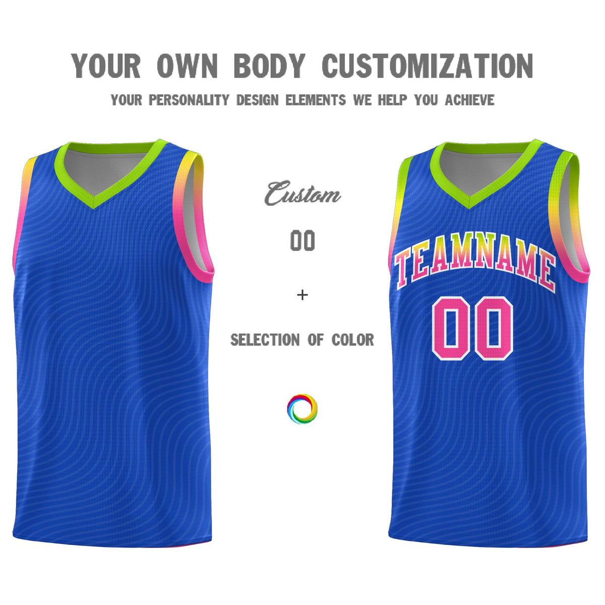 Custom Royal Blue Neon Green Wave Pattern Sports Uniform Basketball Kits