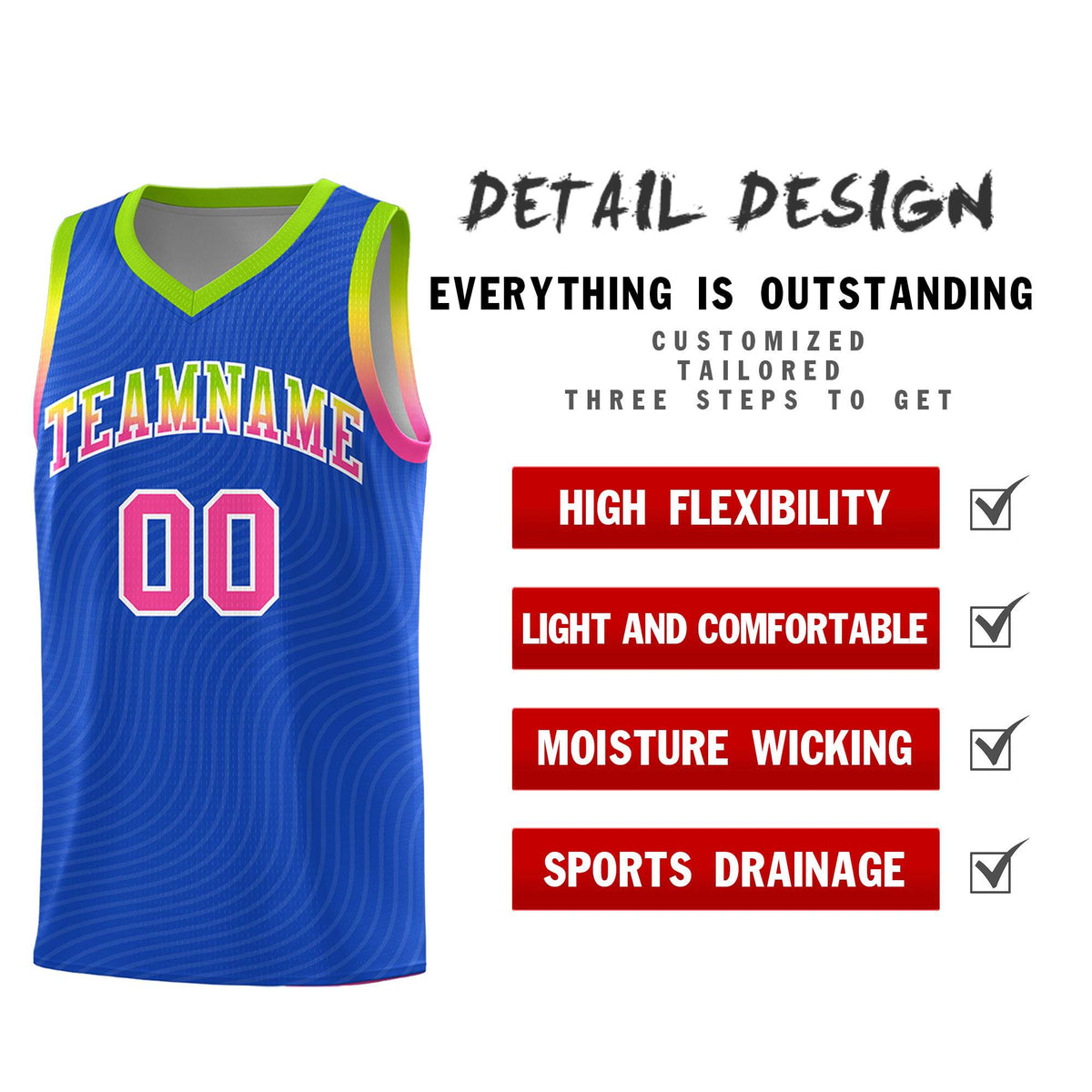 Custom Royal Blue Neon Green Wave Pattern Sports Uniform Basketball Kits