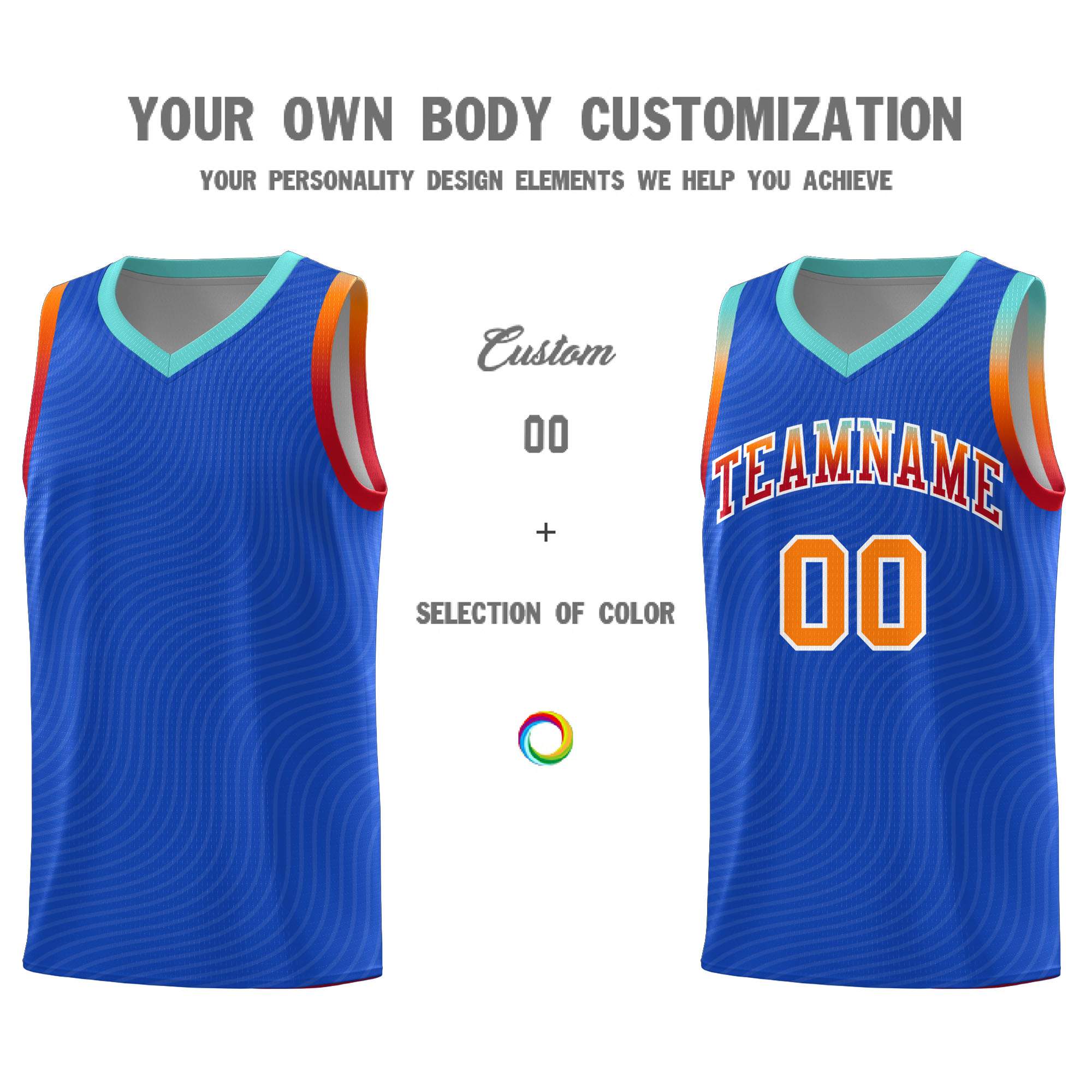 Custom Royal Blue Bright Green Wave Pattern Sports Uniform Basketball Kits