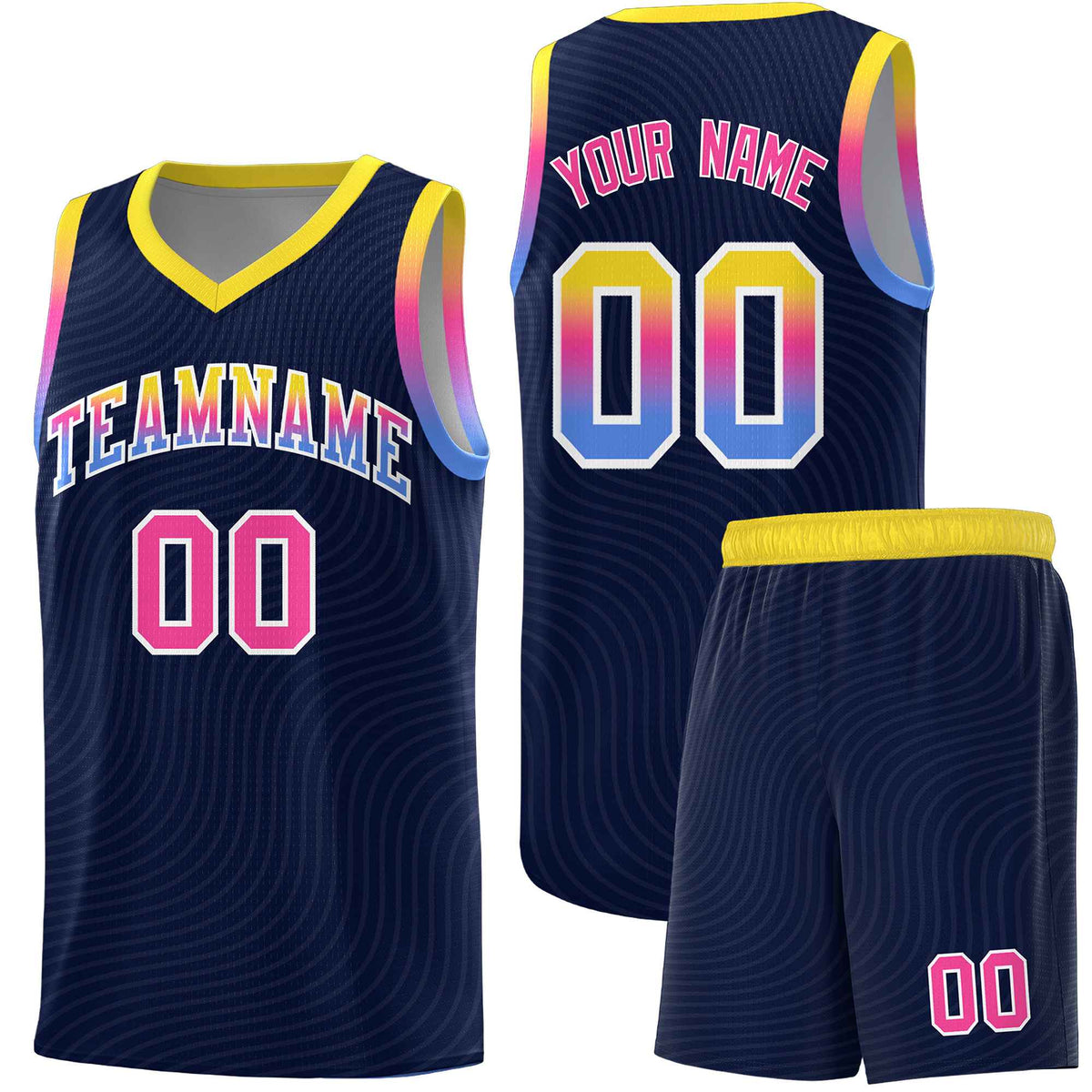 Custom Navy Gold Wave Pattern Sports Uniform Basketball Kits