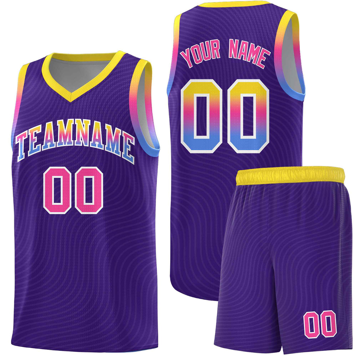 Custom Purple Gold Wave Pattern Sports Uniform Basketball Kits