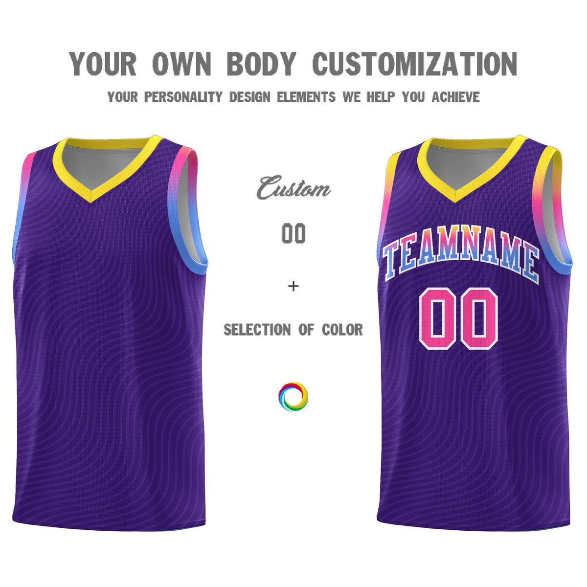 Custom Purple Gold Wave Pattern Sports Uniform Basketball Kits