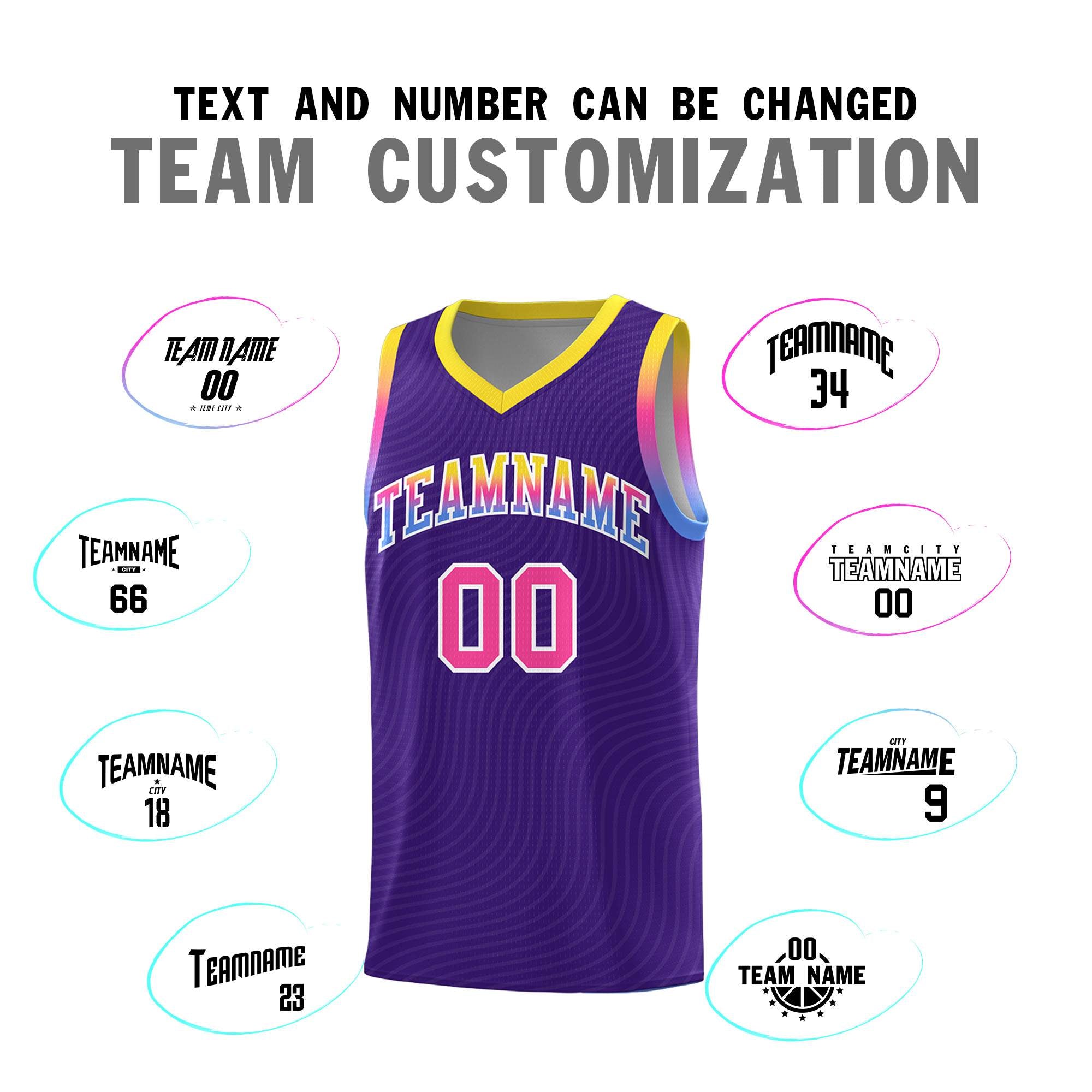 Custom Purple Gold Wave Pattern Sports Uniform Basketball Kits