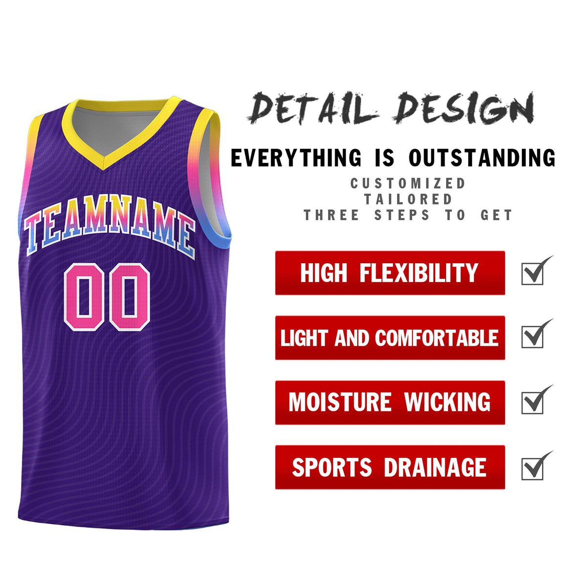 Custom Purple Gold Wave Pattern Sports Uniform Basketball Kits
