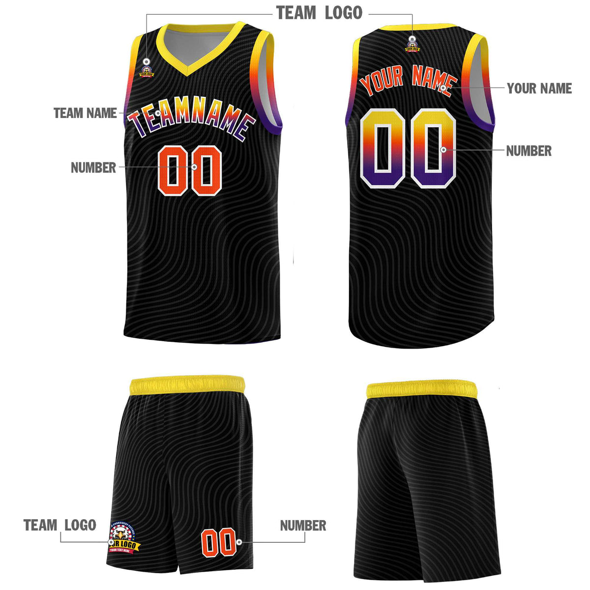 Custom Black Gold Wave Pattern Sports Uniform Basketball Kits