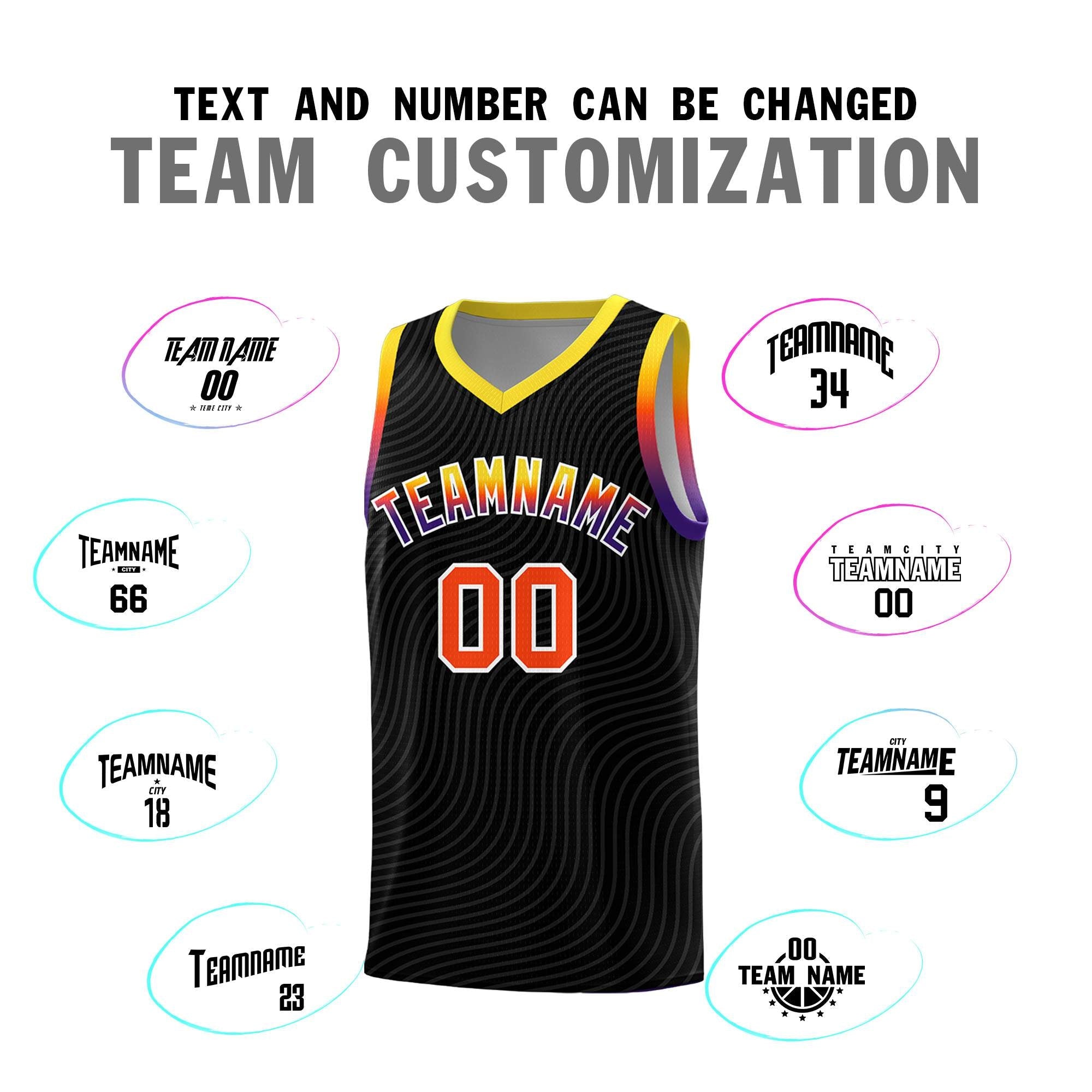 Custom Black Gold Wave Pattern Sports Uniform Basketball Kits