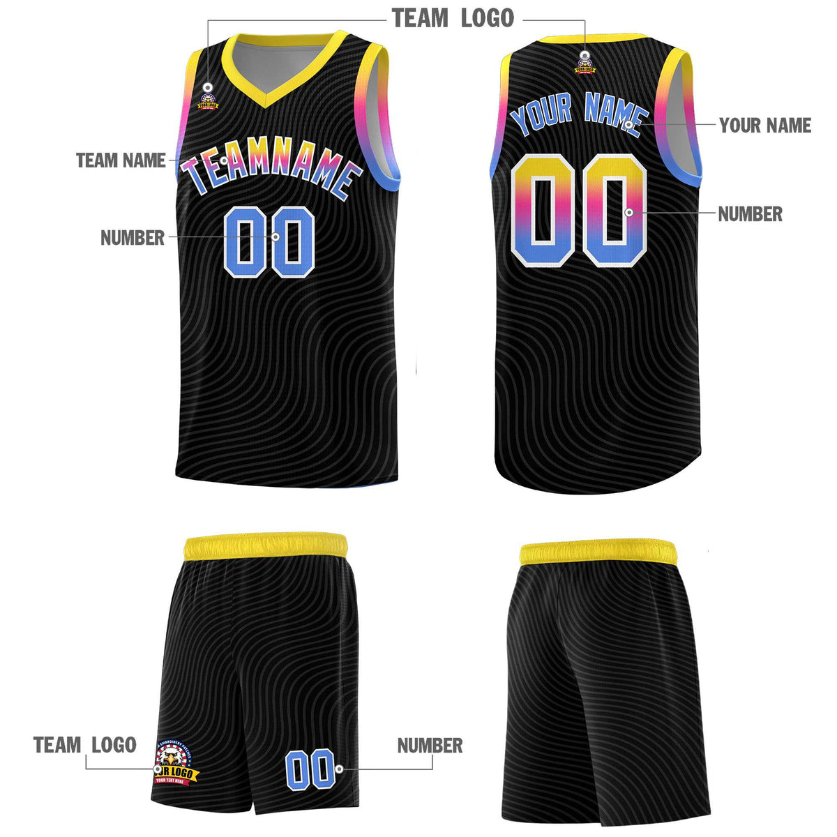Custom Black Gold Wave Pattern Sports Uniform Basketball Kits