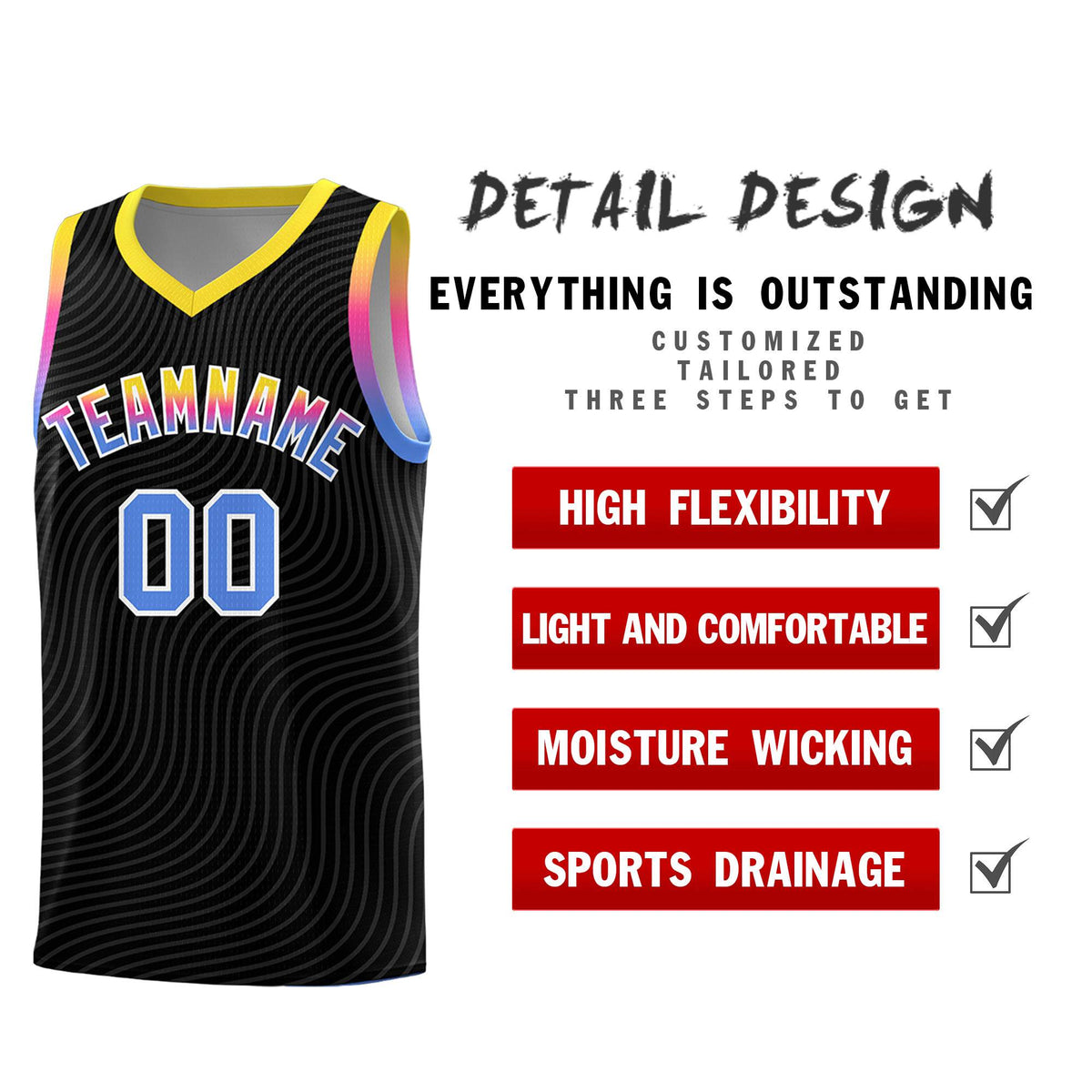 Custom Black Gold Wave Pattern Sports Uniform Basketball Kits