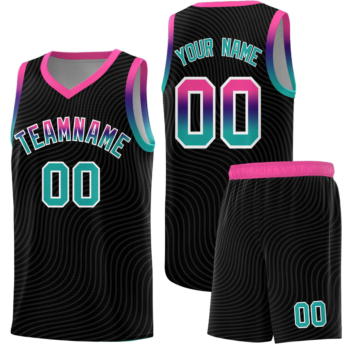 Custom Black Pink Wave Pattern Sports Uniform Basketball Kits