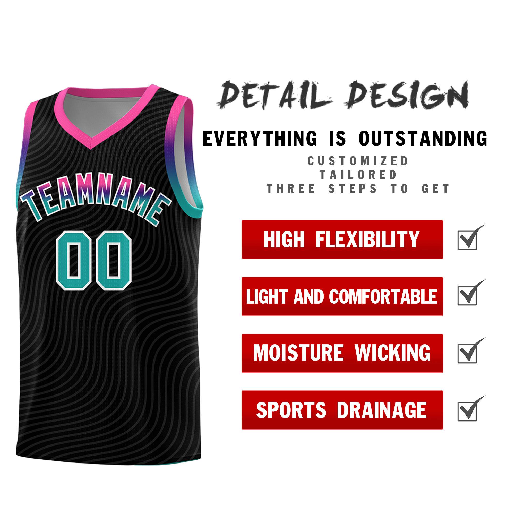 Custom Black Pink Wave Pattern Sports Uniform Basketball Kits