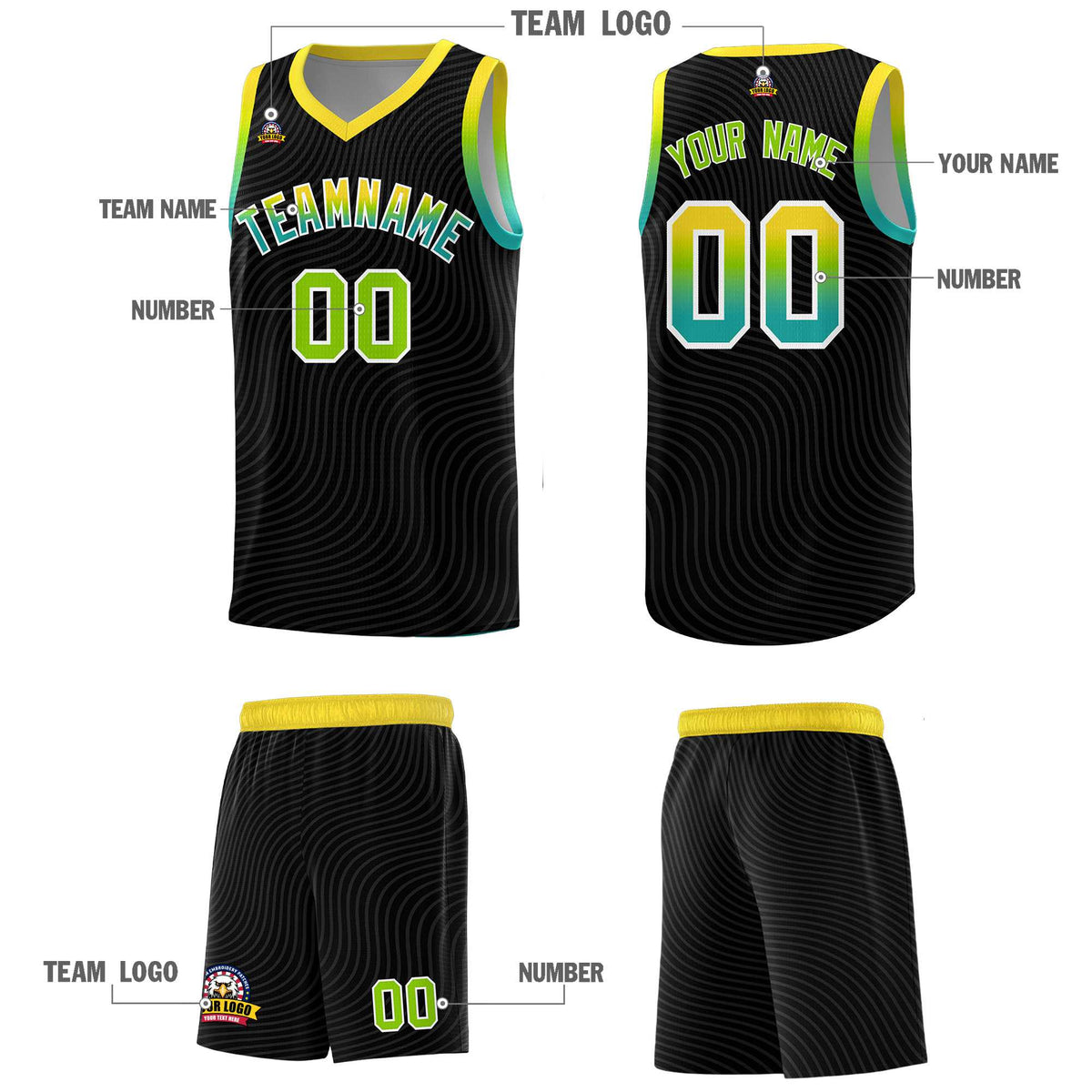 Custom Black Gold Wave Pattern Sports Uniform Basketball Kits