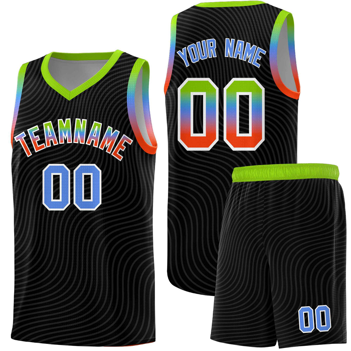 Custom Black Neon Green Wave Pattern Sports Uniform Basketball Kits