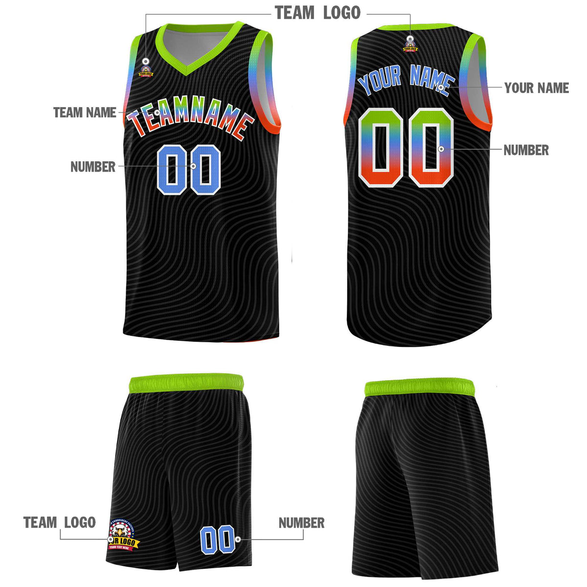 Custom Black Neon Green Wave Pattern Sports Uniform Basketball Kits