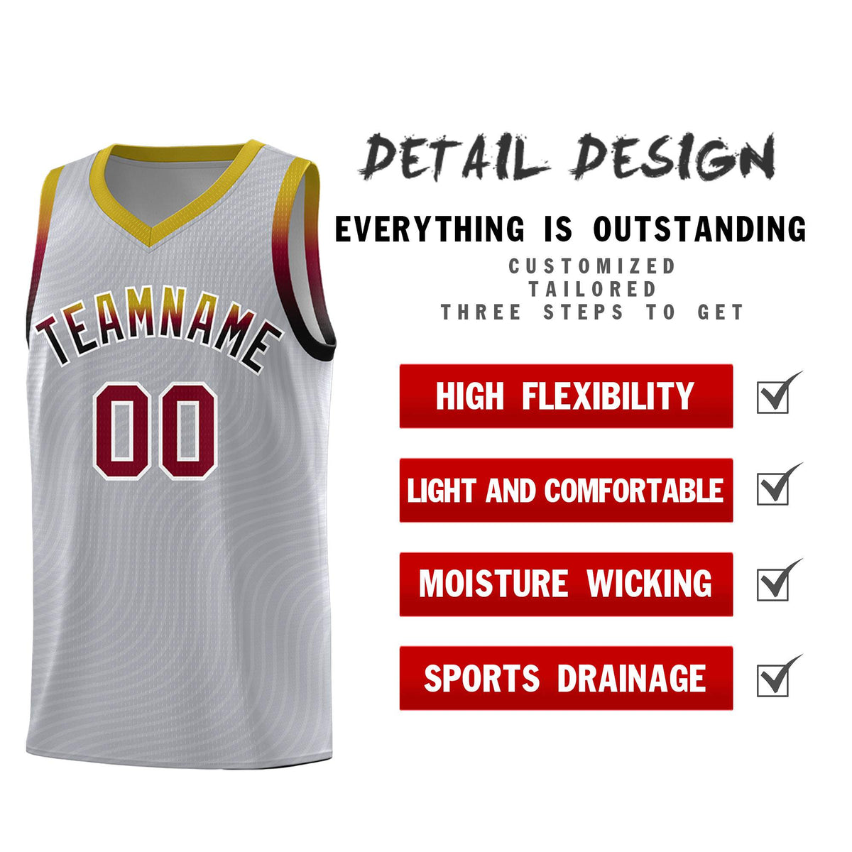Custom Gray Old Gold Wave Pattern Sports Uniform Basketball Kits