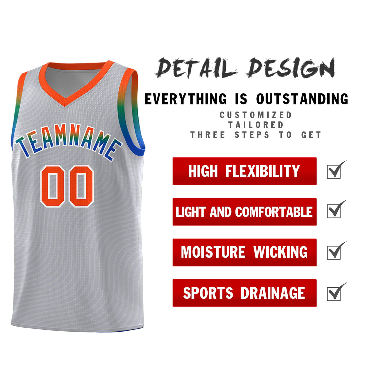 Custom Gray Orange Wave Pattern Sports Uniform Basketball Kits