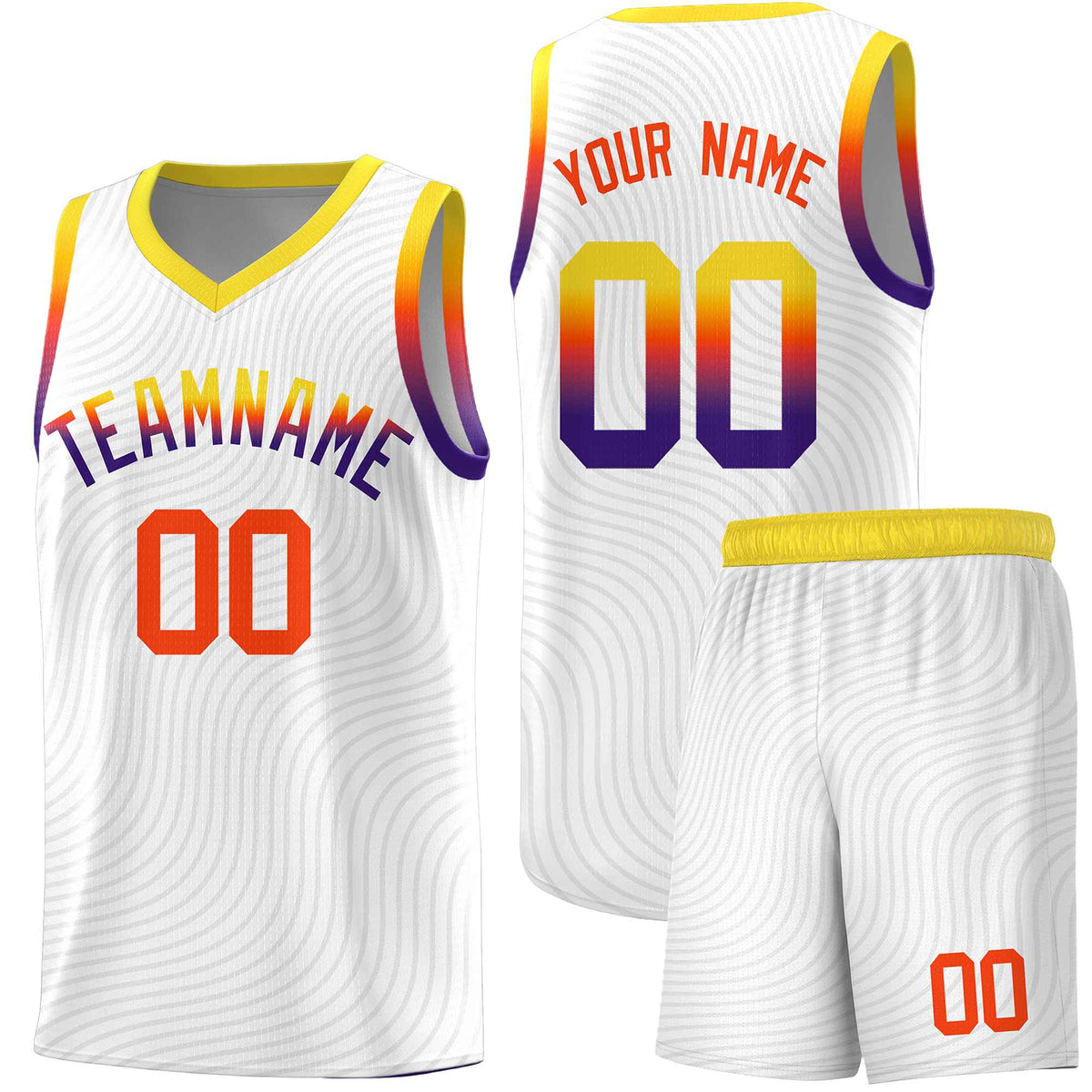 Custom White Gold Wave Pattern Sports Uniform Basketball Kits