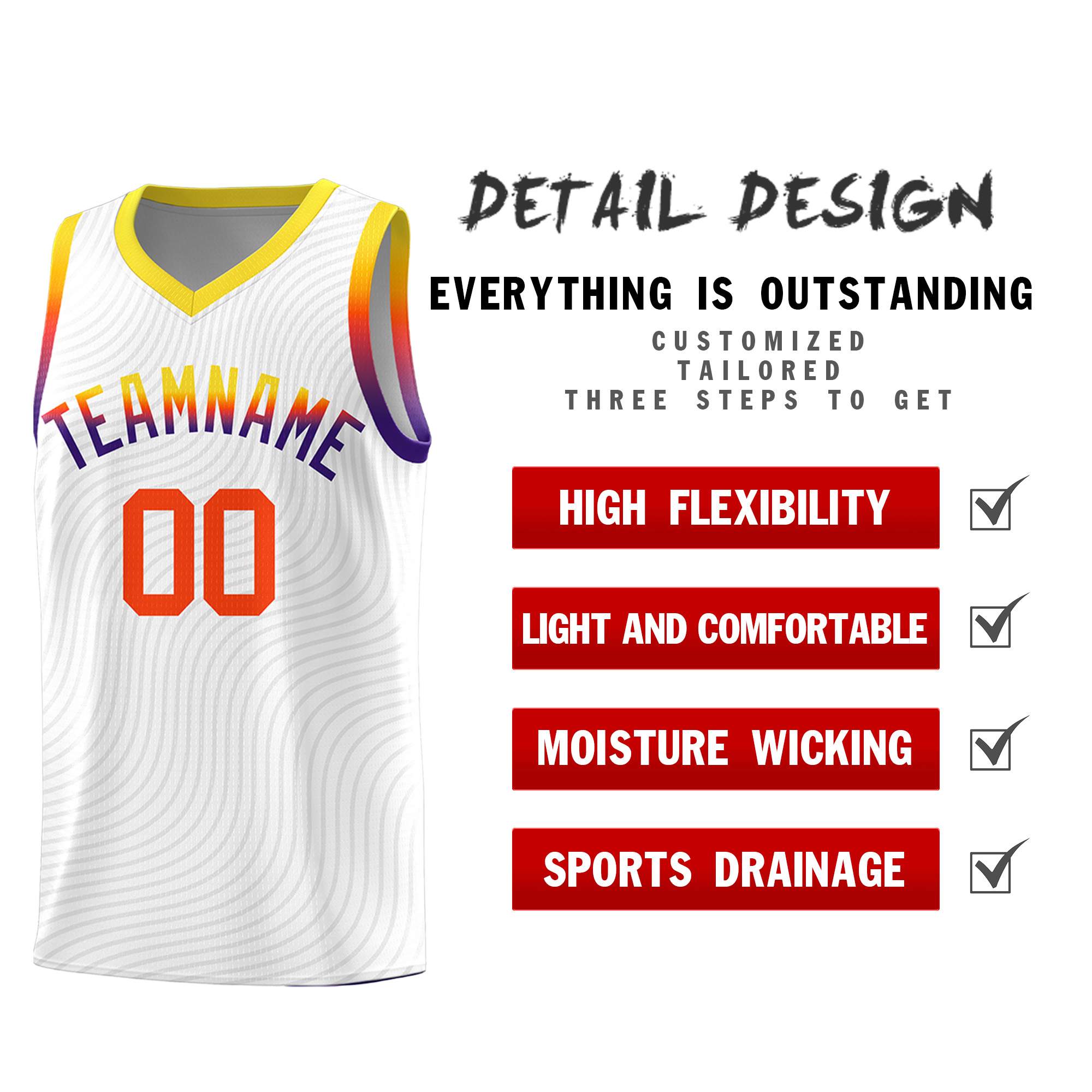 Custom White Gold Wave Pattern Sports Uniform Basketball Kits