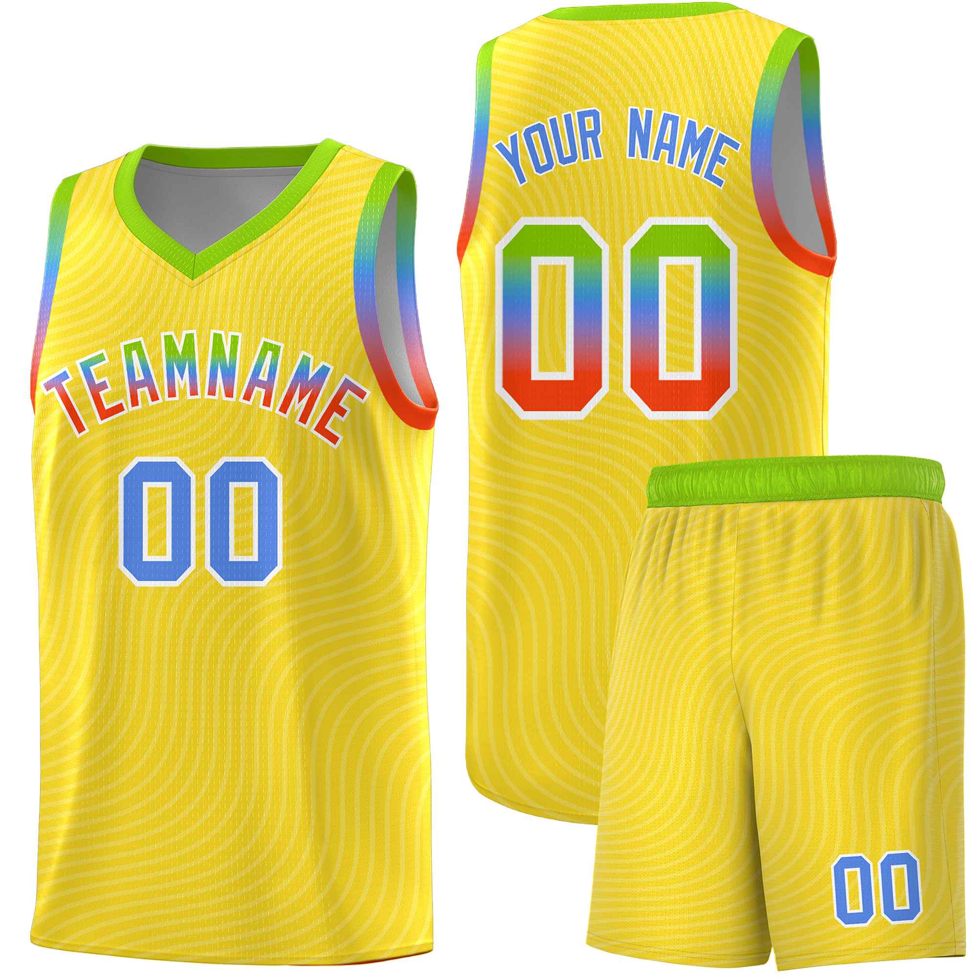 Custom Gold Neon Green Wave Pattern Sports Uniform Basketball Kits