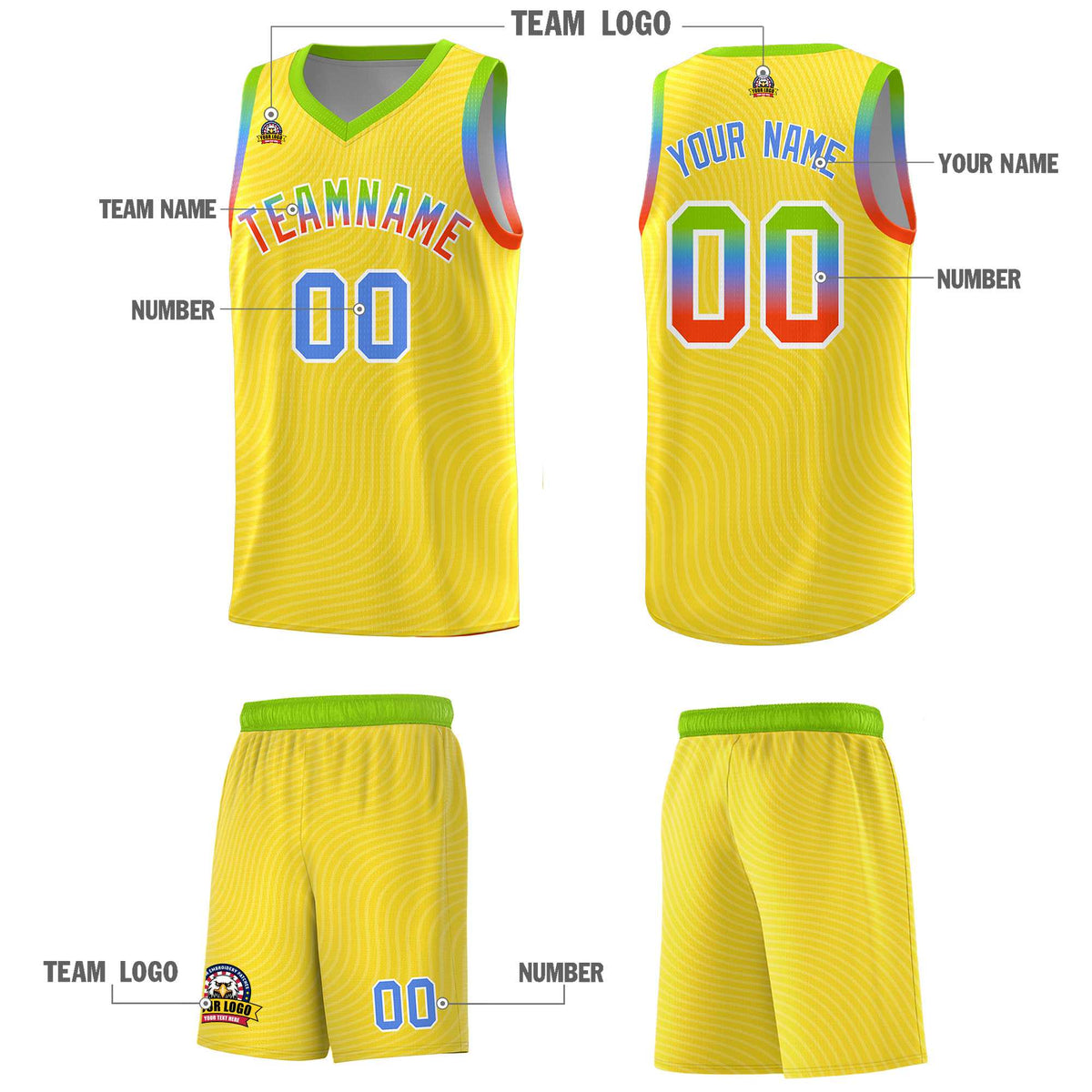 Custom Gold Neon Green Wave Pattern Sports Uniform Basketball Kits
