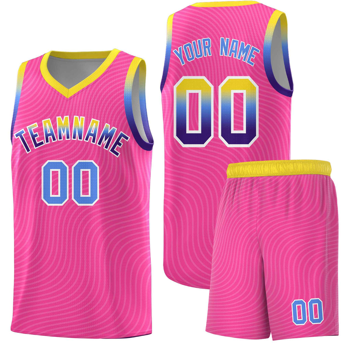Custom Pink Gold Wave Pattern Sports Uniform Basketball Kits