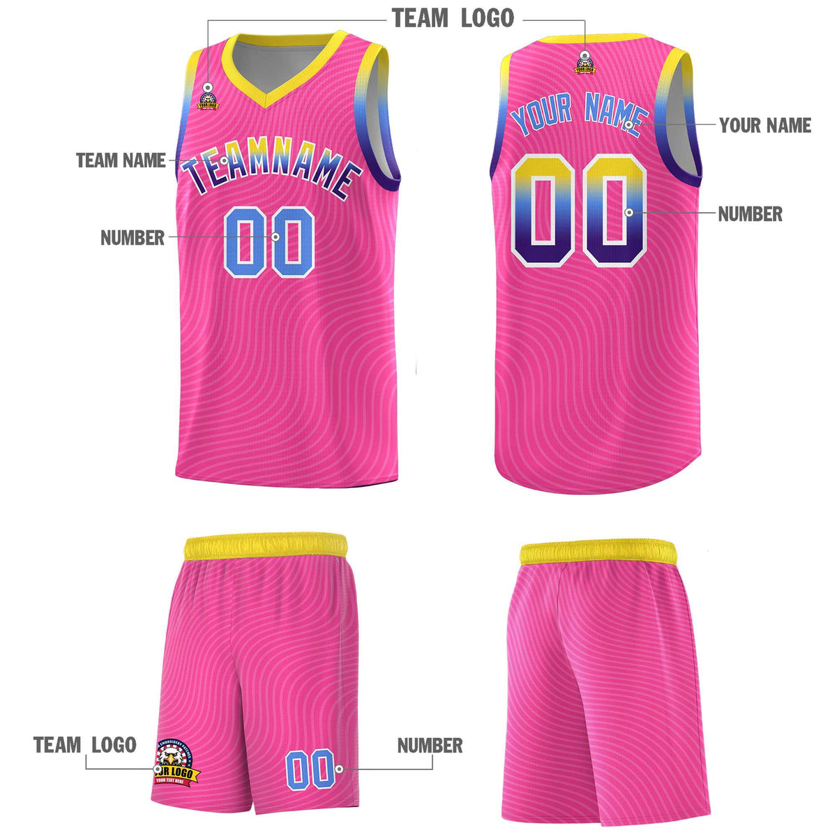Custom Pink Gold Wave Pattern Sports Uniform Basketball Kits