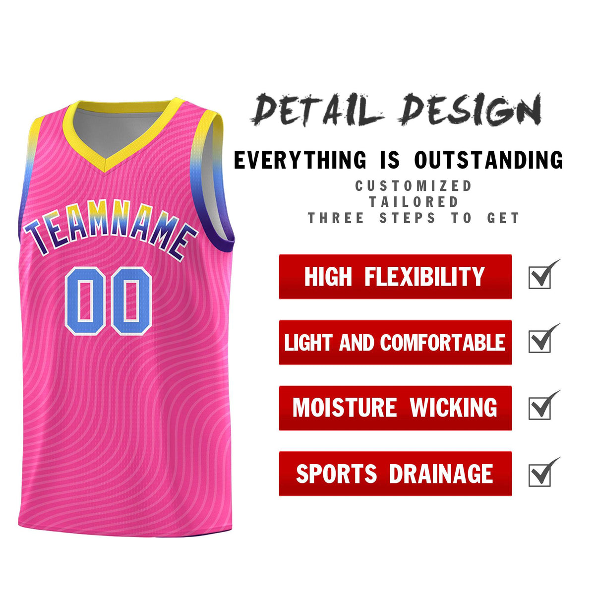 Custom Pink Gold Wave Pattern Sports Uniform Basketball Kits