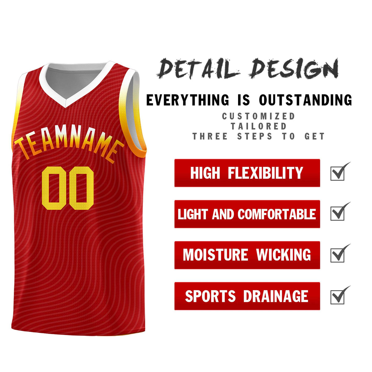 Custom Red White Wave Pattern Sports Uniform Basketball Kits
