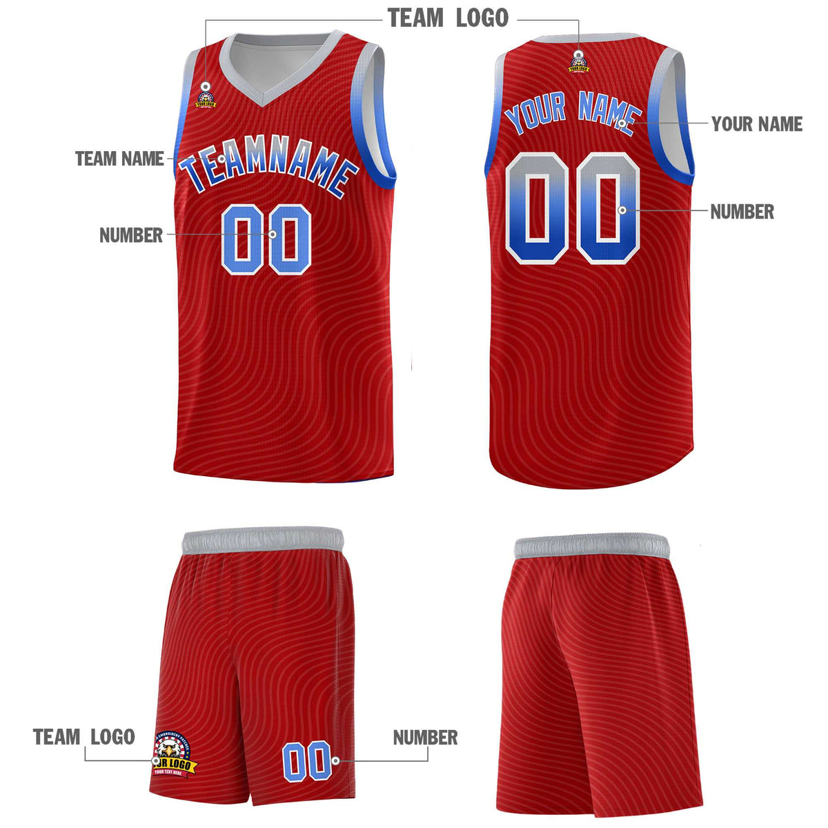 Custom Red Gray Wave Pattern Sports Uniform Basketball Kits