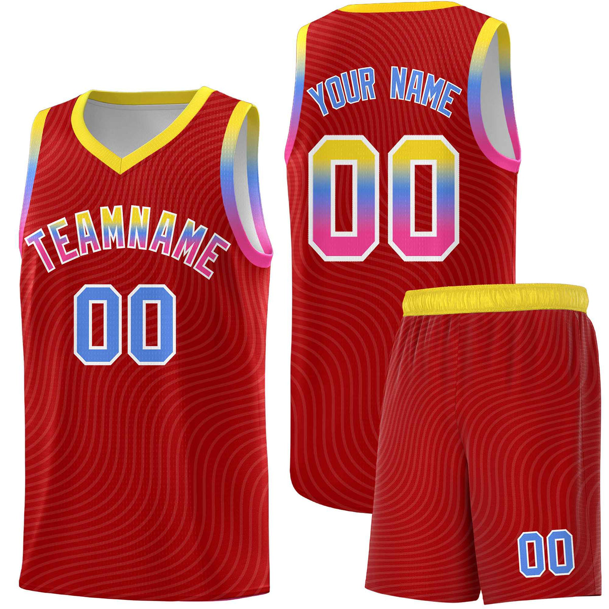 Custom Red Gold Wave Pattern Sports Uniform Basketball Kits